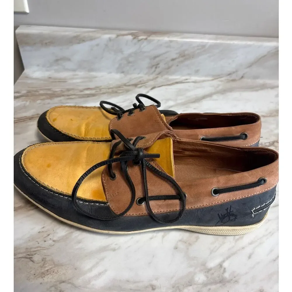 John Fluevog Vintage Yellow Black Leather Colorblock Boat Shoes Men's Size 9